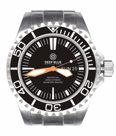MASTER 2000 DAY DATE SWISS AUTO BLACK DIAL CLASSIC MINUTE MARKER ORANGE HANDS