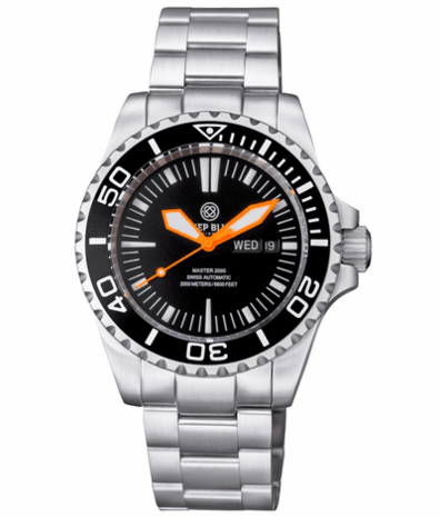 MASTER 2000 DAY DATE SWISS AUTO BLACK DIAL CLASSIC MINUTE MARKER ORANGE HANDS