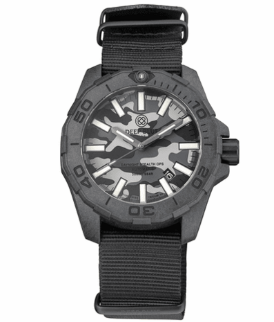 DAYNIGHT STEALTH OPS CARBON CASE BLACK GREY CAMO DIAL GREEN/ORANGE FLAT TRITIUM TUBES AUTOMATIC WATCH SCREW DOWN CROWN