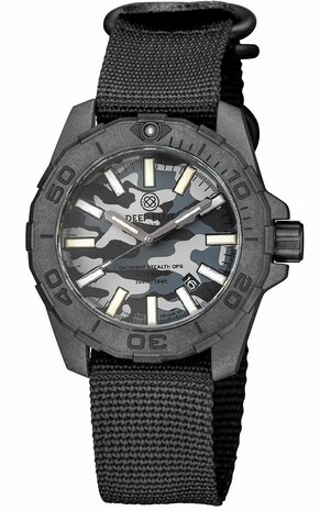 DAYNIGHT STEALTH OPS CARBON CASE BLACK GREY CAMO DIAL GREEN/ORANGE FLAT TRITIUM TUBES AUTOMATIC WATCH SCREW DOWN CROWN