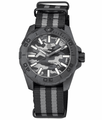 DAYNIGHT STEALTH OPS CARBON CASE BLACK GREY CAMO DIAL GREEN/ORANGE FLAT TRITIUM TUBES AUTOMATIC WATCH SCREW DOWN CROWN