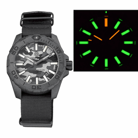 DAYNIGHT STEALTH OPS CARBON CASE BLACK GREY CAMO DIAL GREEN/ORANGE FLAT TRITIUM TUBES AUTOMATIC WATCH SCREW DOWN CROWN