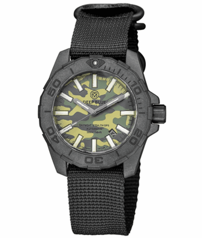 DAYNIGHT STEALTH OPS CARBON CASE GREEN CAMO DIAL GREEN/ORANGE FLAT TRITIUM TUBES AUTOMATIC WATCH SCREW DOWN CROWN