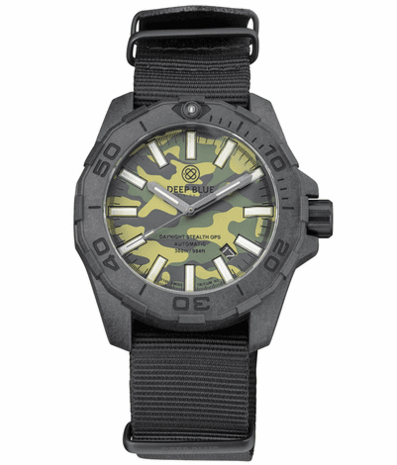 DAYNIGHT STEALTH OPS CARBON CASE GREEN CAMO DIAL GREEN/ORANGE FLAT TRITIUM TUBES AUTOMATIC WATCH SCREW DOWN CROWN