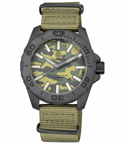 DAYNIGHT STEALTH OPS CARBON CASE GREEN CAMO DIAL GREEN/ORANGE FLAT TRITIUM TUBES AUTOMATIC WATCH SCREW DOWN CROWN