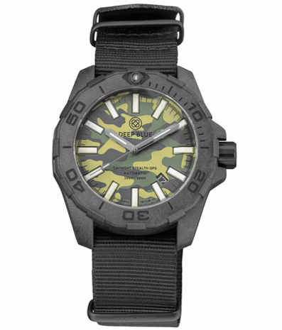 DAYNIGHT STEALTH OPS CARBON CASE GREEN CAMO DIAL BLUE /YELLOW FLAT TRITIUM TUBES AUTOMATIC WATCH SCREW DOWN CROWN