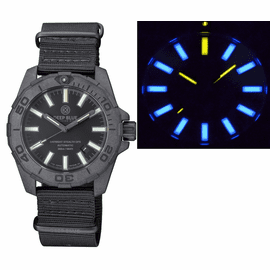 DAYNIGHT STEALTH OPS CARBON CASE BLACK DIAL BLUE /YELLOW FLAT TRITIUM TUBES AUTOMATIC WATCH SCREW DOWN CROWN