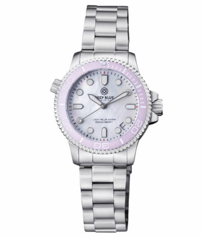 LADIES DIVER &ldquo;LIZZY BLUE&rdquo; &ndash; PINK CERAMIC BEZEL - WHITE MOTHER OF PEARL DIAL