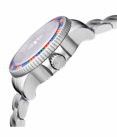 LADIES DIVER &ldquo;LIZZY BLUE&rdquo; &ndash; PINK BAGUETTE CRYSTAL BEZEL - WHITE MOTHER OF PEARL DIAL