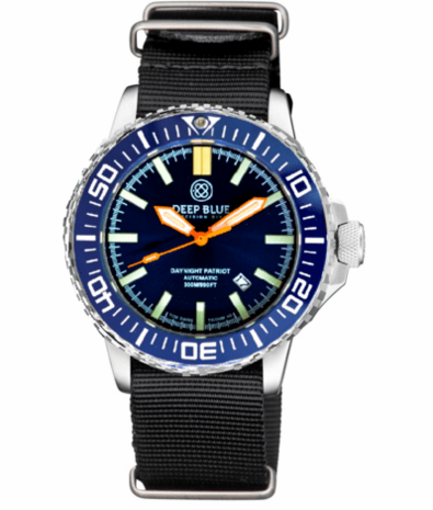 DAYNIGHT PATRIOT DARK BLUE CERAMIC BEZEL - DARK BLUE DIAL - ORANGE HANDS - GREEN ORANGE TUBES STRAP