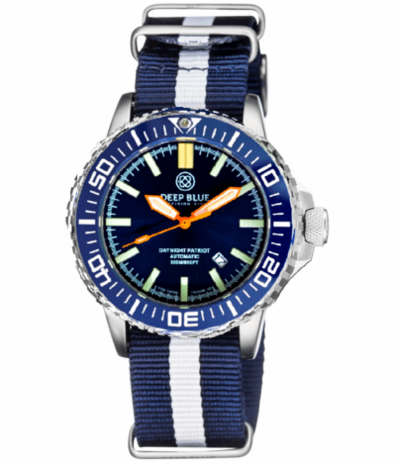 DAYNIGHT PATRIOT DARK BLUE CERAMIC BEZEL - DARK BLUE DIAL - ORANGE HANDS - GREEN ORANGE TUBES STRAP
