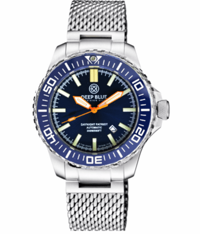 DAYNIGHT PATRIOT DARK BLUE CERAMIC BEZEL - DARK BLUE DIAL - ORANGE HANDS - GREEN ORANGE TUBES STRAP