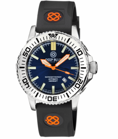 DAYNIGHT PATRIOT WHITE CERAMIC BEZEL - DARK BLUE DIAL - ORANGE HANDS - GREEN/ORANGE TUBES STRAP
