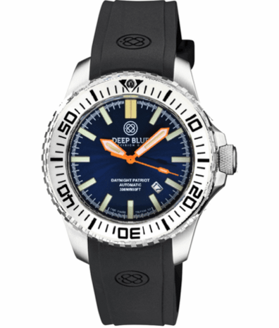 DAYNIGHT PATRIOT WHITE CERAMIC BEZEL - DARK BLUE DIAL - ORANGE HANDS - GREEN/ORANGE TUBES STRAP