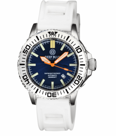 DAYNIGHT PATRIOT WHITE CERAMIC BEZEL - DARK BLUE DIAL - ORANGE HANDS - GREEN/ORANGE TUBES STRAP