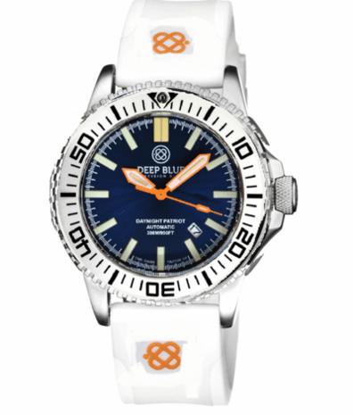 DAYNIGHT PATRIOT WHITE CERAMIC BEZEL - DARK BLUE DIAL - ORANGE HANDS - GREEN/ORANGE TUBES STRAP