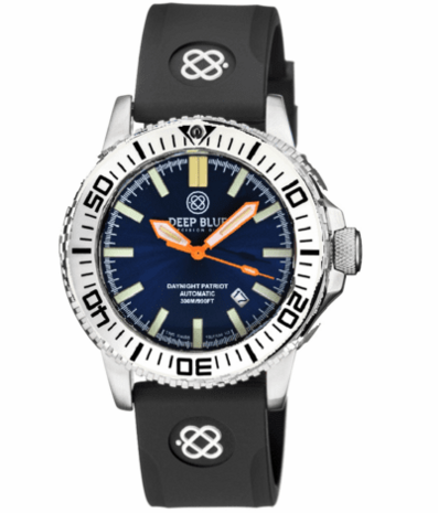 DAYNIGHT PATRIOT WHITE CERAMIC BEZEL - DARK BLUE DIAL - ORANGE HANDS - GREEN/ORANGE TUBES STRAP