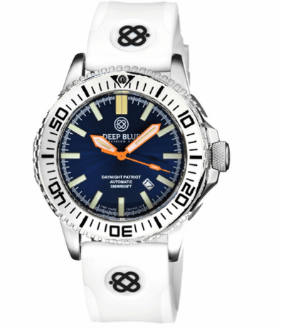 DAYNIGHT PATRIOT WHITE CERAMIC BEZEL - DARK BLUE DIAL - ORANGE HANDS - GREEN/ORANGE TUBES STRAP