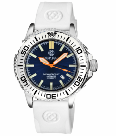 DAYNIGHT PATRIOT WHITE CERAMIC BEZEL - DARK BLUE DIAL - ORANGE HANDS - GREEN/ORANGE TUBES STRAP
