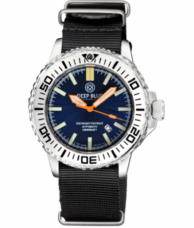 DAYNIGHT PATRIOT WHITE CERAMIC BEZEL - DARK BLUE DIAL - ORANGE HANDS - GREEN/ORANGE TUBES STRAP