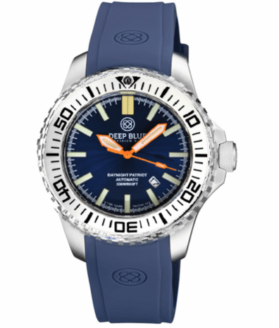 DAYNIGHT PATRIOT WHITE CERAMIC BEZEL - DARK BLUE DIAL - ORANGE HANDS - GREEN/ORANGE TUBES STRAP