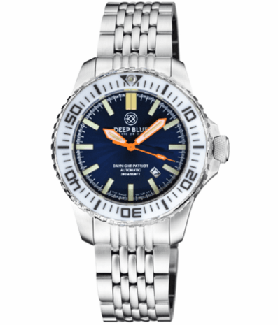 DAYNIGHT PATRIOT WHITE CERAMIC BEZEL - DARK BLUE DIAL - ORANGE HANDS - GREEN/ORANGE TUBES STRAP