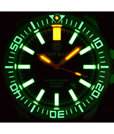 DAYNIGHT PATRIOT WHITE CERAMIC BEZEL - DARK BLUE DIAL - ORANGE HANDS - GREEN/ORANGE TUBES STRAP