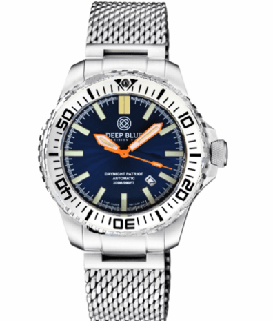 DAYNIGHT PATRIOT WHITE CERAMIC BEZEL - DARK BLUE DIAL - ORANGE HANDS - GREEN/ORANGE TUBES STRAP