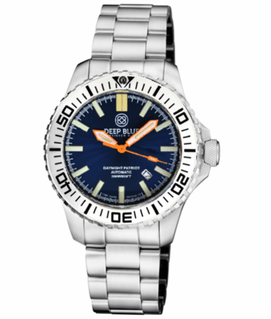 DAYNIGHT PATRIOT WHITE CERAMIC BEZEL - DARK BLUE DIAL - ORANGE HANDS - GREEN/ORANGE TUBES STRAP