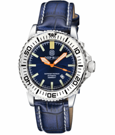 DAYNIGHT PATRIOT WHITE CERAMIC BEZEL - DARK BLUE DIAL - ORANGE HANDS - GREEN/ORANGE TUBES STRAP