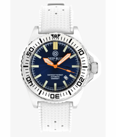 DAYNIGHT PATRIOT WHITE CERAMIC BEZEL - DARK BLUE DIAL - ORANGE HANDS - GREEN/ORANGE TUBES STRAP