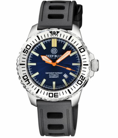 DAYNIGHT PATRIOT WHITE CERAMIC BEZEL - DARK BLUE DIAL - ORANGE HANDS - GREEN/ORANGE TUBES STRAP