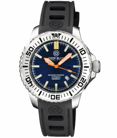 DAYNIGHT PATRIOT WHITE CERAMIC BEZEL - DARK BLUE DIAL - ORANGE HANDS - GREEN/ORANGE TUBES STRAP
