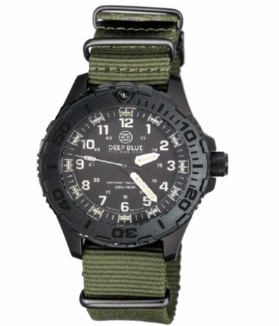 DAYNIGHT 43MM DIVER SOLAR POWERED PC TRITIUM WATCH- STEALTH BEZEL - WHITE NUMBERS WHITE HANDS 3 COLOR TRITIUM TUBES – STRAP