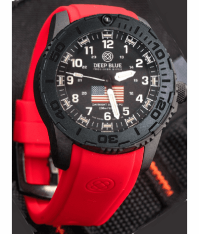 DAYNIGHT 43MM DIVER SOLAR POWERED PC USA TRITIUM WATCH - STEALTH BEZEL WHITE NUMBERS USA FLAG 3 COLOR TRITIUM TUBES – STRAP