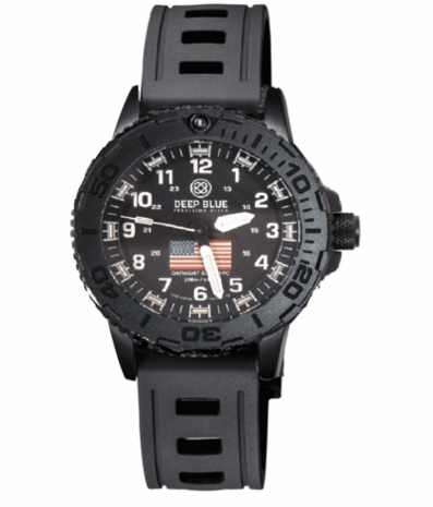 DAYNIGHT 43MM DIVER SOLAR POWERED PC USA TRITIUM WATCH - STEALTH BEZEL WHITE NUMBERS USA FLAG 3 COLOR TRITIUM TUBES – STRAP