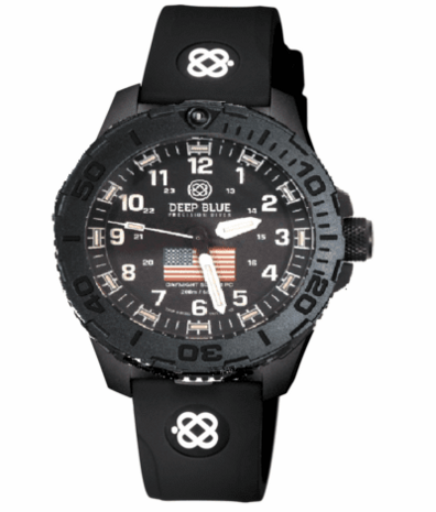 DAYNIGHT 43MM DIVER SOLAR POWERED PC USA TRITIUM WATCH - STEALTH BEZEL WHITE NUMBERS USA FLAG 3 COLOR TRITIUM TUBES – STRAP