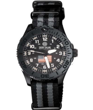 DAYNIGHT 43MM DIVER SOLAR POWERED PC USA TRITIUM WATCH - STEALTH BEZEL WHITE NUMBERS USA FLAG 3 COLOR TRITIUM TUBES – STRAP