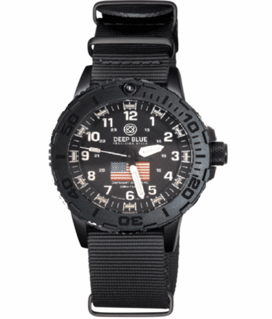 DAYNIGHT 43MM DIVER SOLAR POWERED PC USA TRITIUM WATCH - STEALTH BEZEL WHITE NUMBERS USA FLAG 3 COLOR TRITIUM TUBES – STRAP