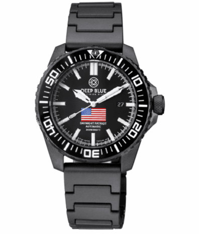 DAYNIGHT PATRIOT USA BLACK PVD CASE BLACK CERAMIC BEZEL - BLACK DIAL USA FLAG RED,WHITE, BLUE TRITIUM TUBES T-100 STRAP or BRACELET