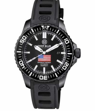 DAYNIGHT PATRIOT USA BLACK PVD CASE BLACK CERAMIC BEZEL - BLACK DIAL USA FLAG RED,WHITE, BLUE TRITIUM TUBES T-100 STRAP or BRACELET
