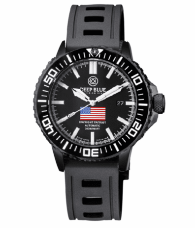 DAYNIGHT PATRIOT USA BLACK PVD CASE BLACK CERAMIC BEZEL - BLACK DIAL USA FLAG RED,WHITE, BLUE TRITIUM TUBES T-100 STRAP or BRACELET