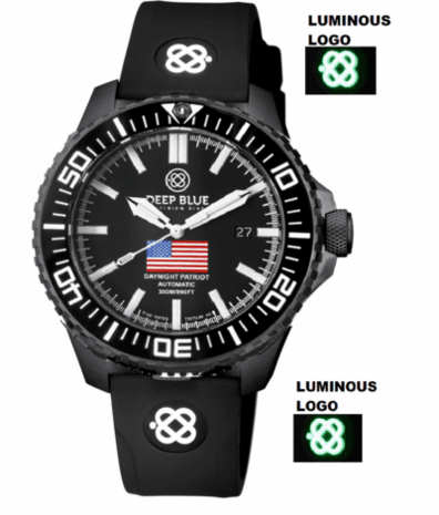 DAYNIGHT PATRIOT USA BLACK PVD CASE BLACK CERAMIC BEZEL - BLACK DIAL USA FLAG RED,WHITE, BLUE TRITIUM TUBES T-100 STRAP or BRACELET