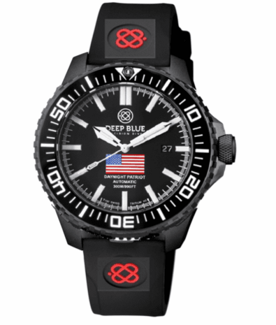 DAYNIGHT PATRIOT USA BLACK PVD CASE BLACK CERAMIC BEZEL - BLACK DIAL USA FLAG RED,WHITE, BLUE TRITIUM TUBES T-100 STRAP or BRACELET