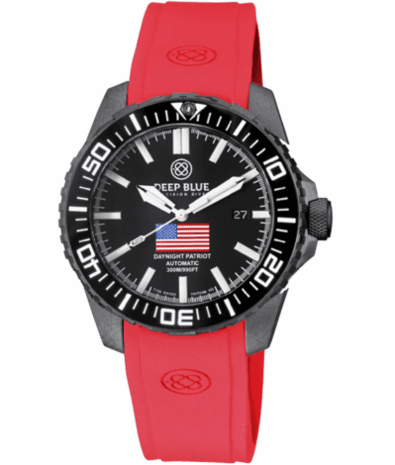 DAYNIGHT PATRIOT USA BLACK PVD CASE BLACK CERAMIC BEZEL - BLACK DIAL USA FLAG RED,WHITE, BLUE TRITIUM TUBES T-100 STRAP or BRACELET