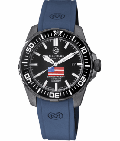 DAYNIGHT PATRIOT USA BLACK PVD CASE BLACK CERAMIC BEZEL - BLACK DIAL USA FLAG RED,WHITE, BLUE TRITIUM TUBES T-100 STRAP or BRACELET