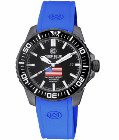 DAYNIGHT PATRIOT USA BLACK PVD CASE BLACK CERAMIC BEZEL - BLACK DIAL USA FLAG RED,WHITE, BLUE TRITIUM TUBES T-100 STRAP or BRACELET