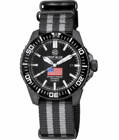 DAYNIGHT PATRIOT USA BLACK PVD CASE BLACK CERAMIC BEZEL - BLACK DIAL USA FLAG RED,WHITE, BLUE TRITIUM TUBES T-100 STRAP or BRACELET