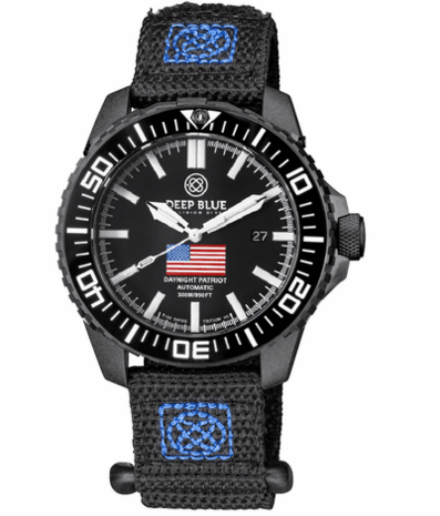 DAYNIGHT PATRIOT USA BLACK PVD CASE BLACK CERAMIC BEZEL - BLACK DIAL USA FLAG RED,WHITE, BLUE TRITIUM TUBES T-100 STRAP or BRACELET