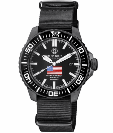 DAYNIGHT PATRIOT USA BLACK PVD CASE BLACK CERAMIC BEZEL - BLACK DIAL USA FLAG RED,WHITE, BLUE TRITIUM TUBES T-100 STRAP or BRACELET